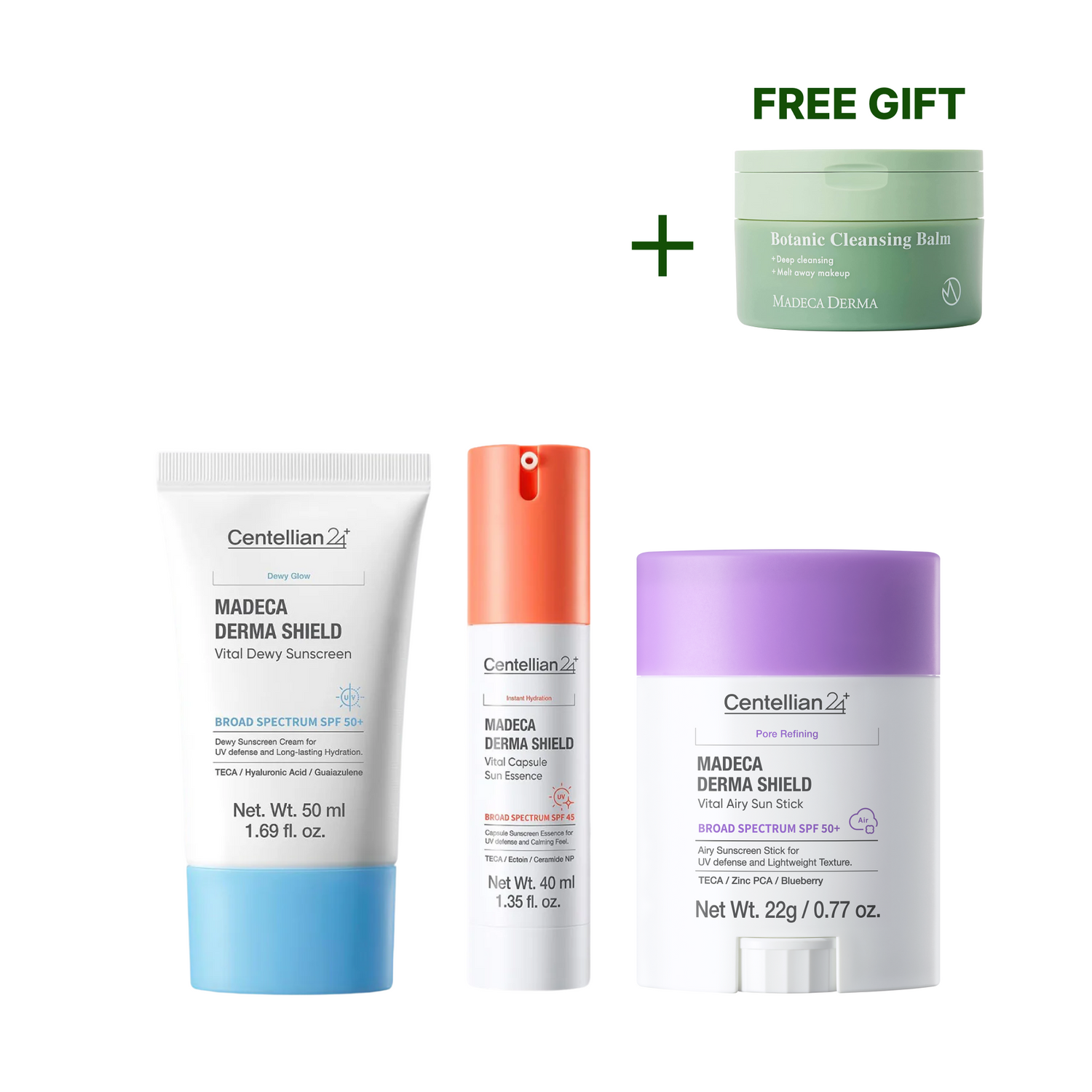Madeca Derma Shield Vital Suncare Set | 3-Type SPF Trio + Free Cleansing Balm